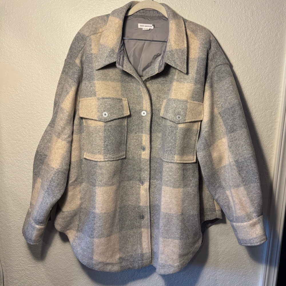 Good American Gray Cream Buffalo Plaid Check Print Button Down Shacket Coat 2XL